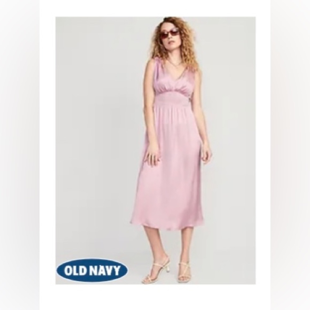 NWT Old Navy Waist-Defined Tie-Back Satin Maxi Dress for Women (Pink)